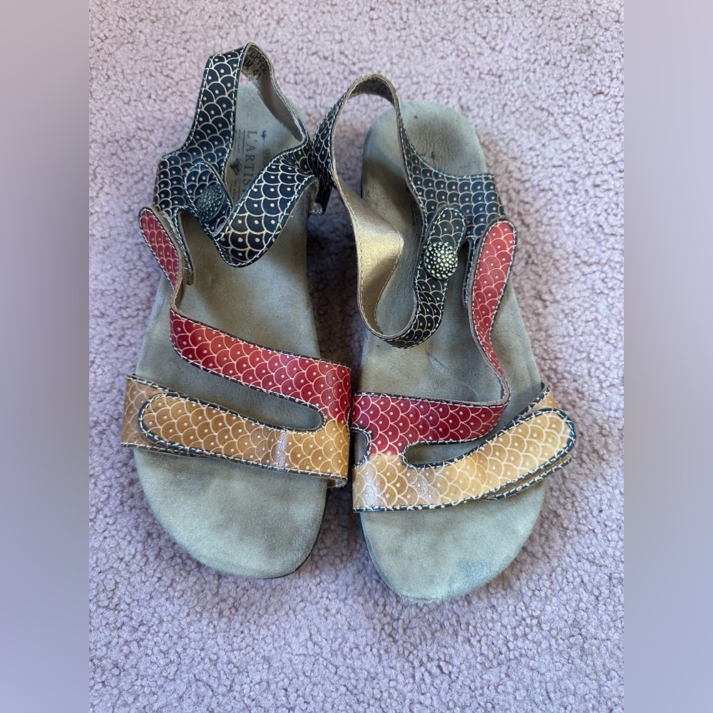 Spring Step L'Artiste Novato Leather Multi Color Slingback Sandals Sz 41 flaw